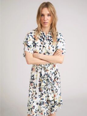 Munthe Humming Rose Floral Ruffle Tie-Waist Dress Sz 38/US 8